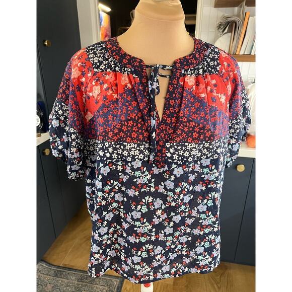 Loft 100% cotton patchwork floral boho lightweight cotton puff sleeve blouse - Picture 7 of 11